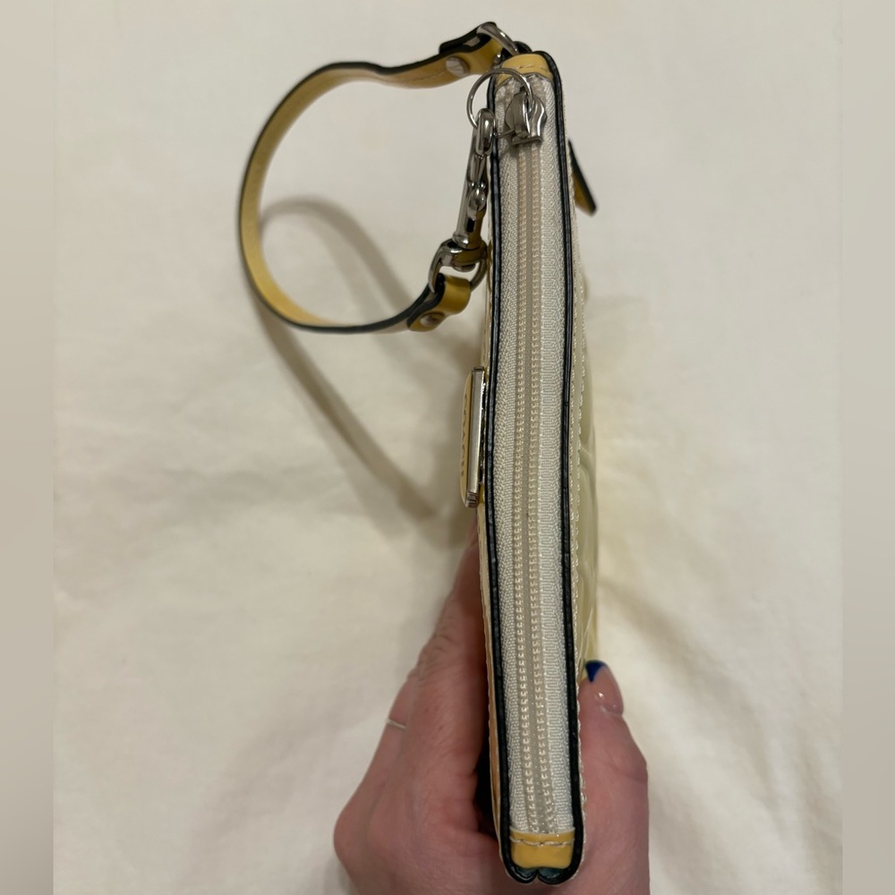 Coach Glossy Yellow Embossed Large Wristlet with Blue Satin Interior - Picture 6 of 7